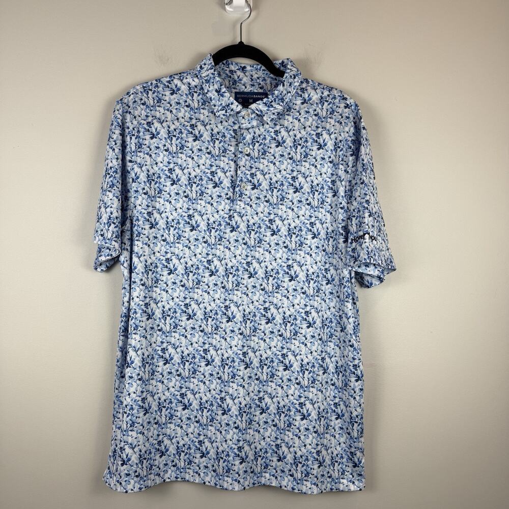 Bermuda Sands Performance Golf Polo Shirt Floral Mens Medium Blue UPF 50 Logo‎